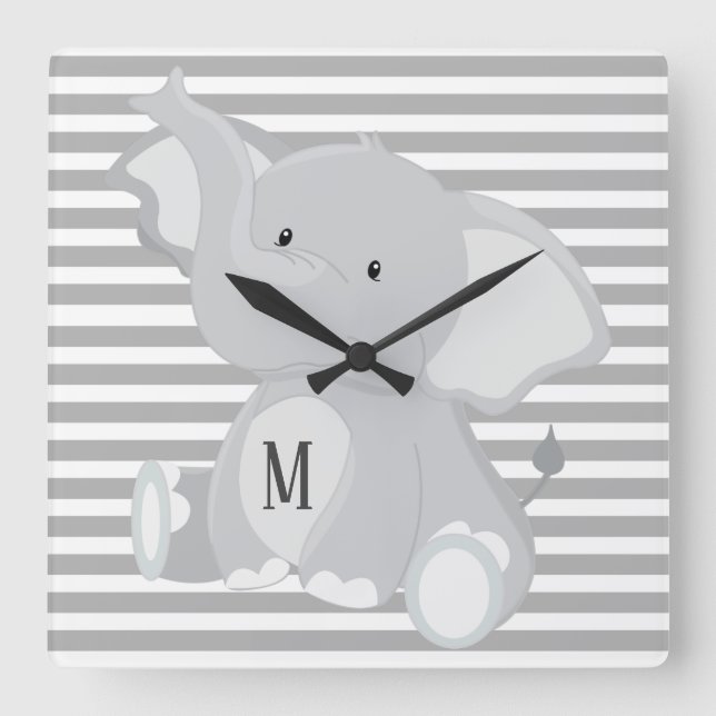 Trendy Elephant Monogram gray and white stripes Square Wall Clock (Front)