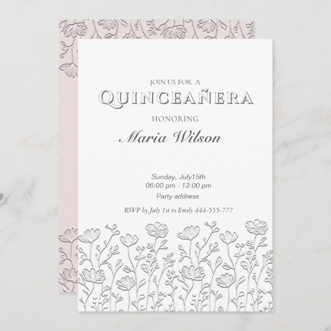 Trendy Embossed modern floral Quinceañera Invitation (Front/Back)