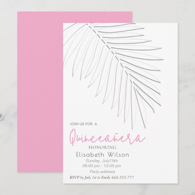 Trendy Embossed palm minimalist script Quinceañera Invitation (Front/Back)