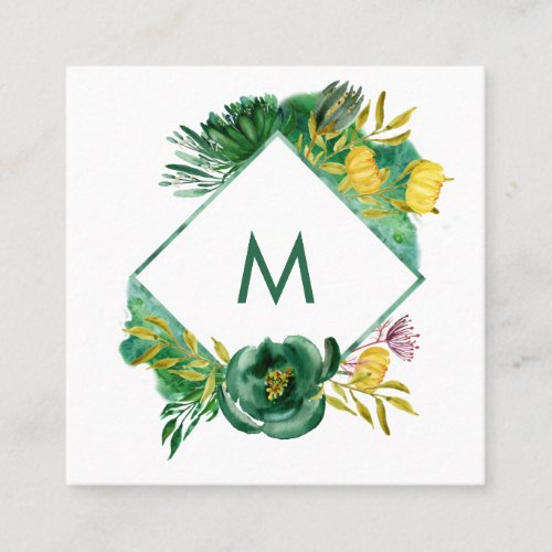 Trendy Emerald Green and Gold Peonies Square Business Card