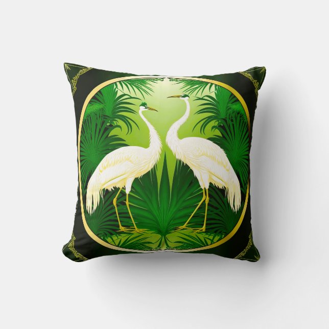 Trendy Emerald Green Crane Love Birds  Throw Pillow (Front)