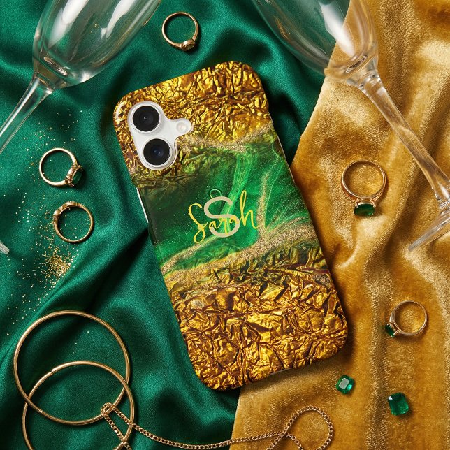 Trendy Emerald Green Faux Gold Foil Agate Monogram iPhone Case (Creator Uploaded)