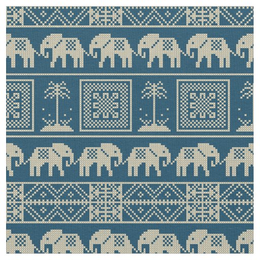 Trendy Ethnic Elephants Blue and white pattern Fabric