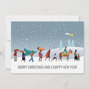 Trendy Ethnic Group Walking in Snowfall Holiday Card