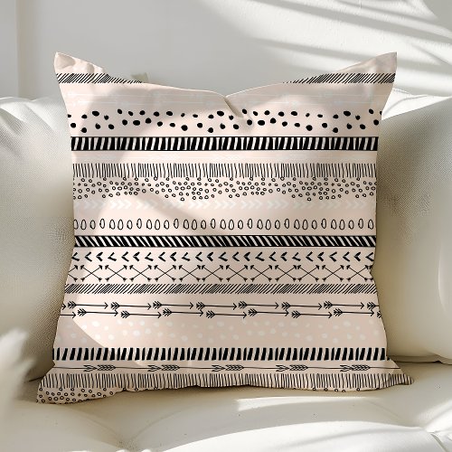 Trendy Ethnic Tribal Boho Blush Pink Black Pattern Throw Pillow