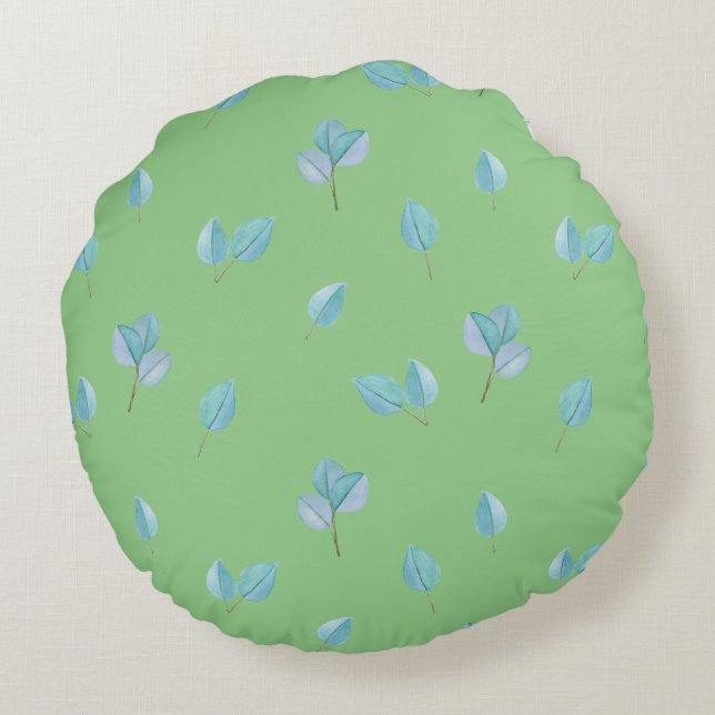 Trendy Eucalyptus Leaves On Sage  Round Pillow (Back)