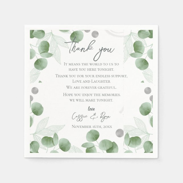 Trendy Eucalyptus Leaves Wedding Thank you Message Napkins (Front)