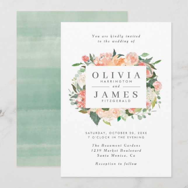 Trendy Eucalyptus Peach Watercolor Floral Wedding Invitation (Front/Back)
