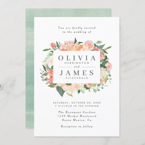 Trendy Eucalyptus Peach Watercolor Floral Wedding Invitation