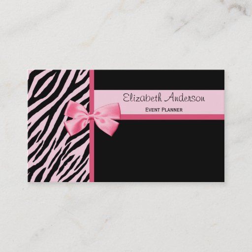 Customizable Trendy Event Planner Pink and Black Zebra With Bow Business Cards