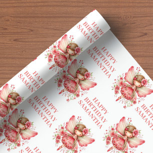 Trendy Fairy Girl Blush Floral Birthday Wrapping Paper