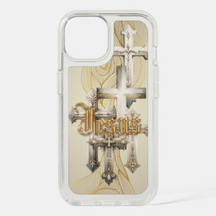 Trendy Faith Beige Crosses Gold Jesus iPhone 15 Case