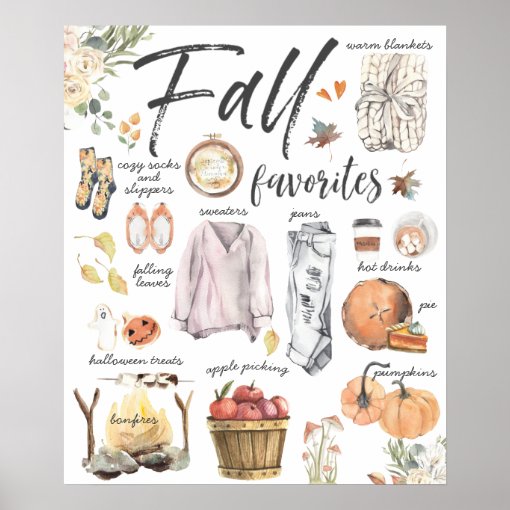 Trendy Fall Favorites | Watercolor Illustrations Poster | Zazzle