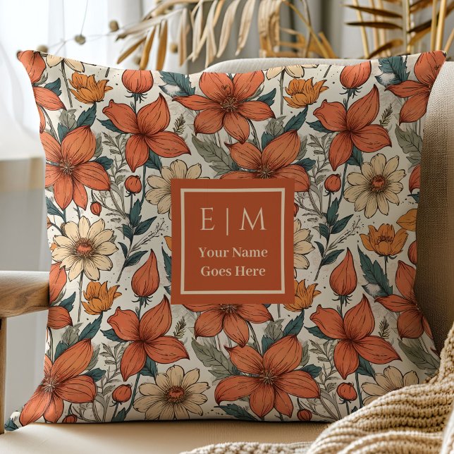 Trendy Fall Flowers Olive Copper Rust Colors  Throw Pillow (Trendy Fall Flowers Olive Copper Rust Colors Pillow

)