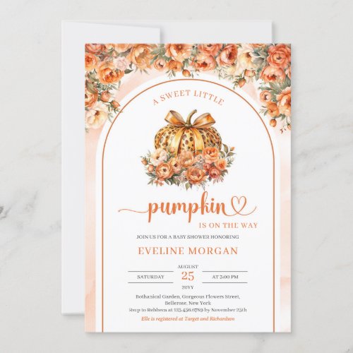 Trendy fall leopard pumpkin with ornge bow arch invitation