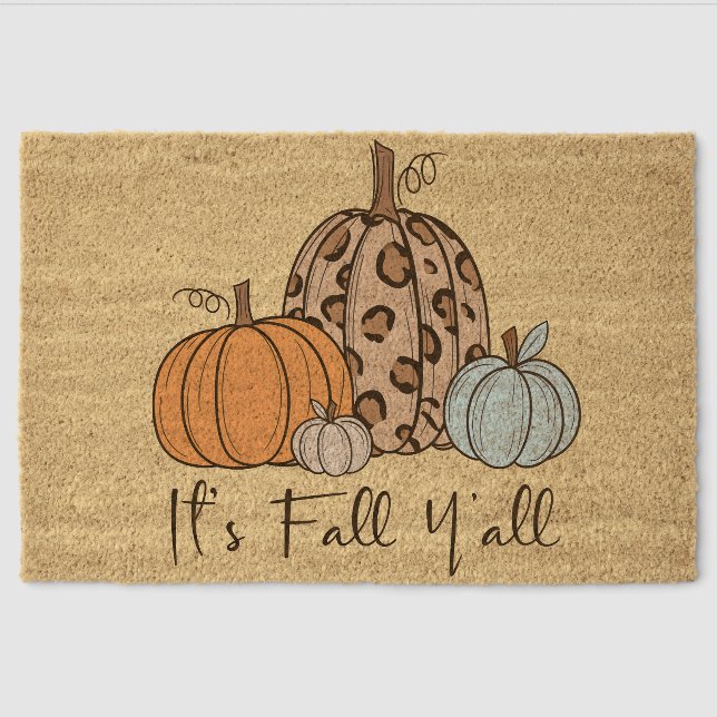 Trendy Fall Pumpkin | “It’s Fall Y’all” Quote Fiber Doormat (Front)