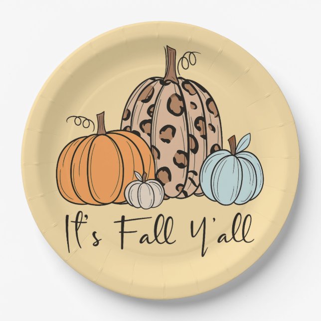 Trendy Fall Pumpkin | “It’s Fall Y’all” Quote Paper Plates (Front)