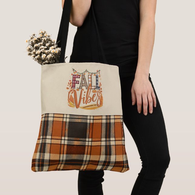 Trendy Fall Vibes Burnt Orange Plaid Print Autumn Tote Bag (Close Up)