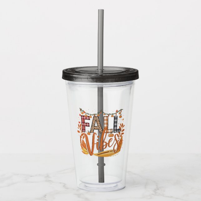 Trendy Fall Vibes Plaid and Leopard Print Autumn Acrylic Tumbler (Front)