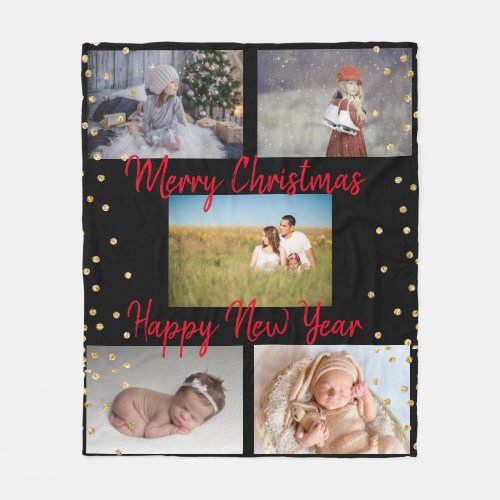 Trendy Family Collage Red Scripts Christmas Fleece Blanket