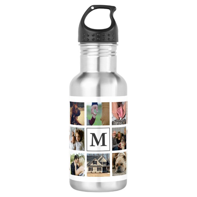 Trendy Family Photo Collage & Monogram Stainless Steel Water Bottle (Front)