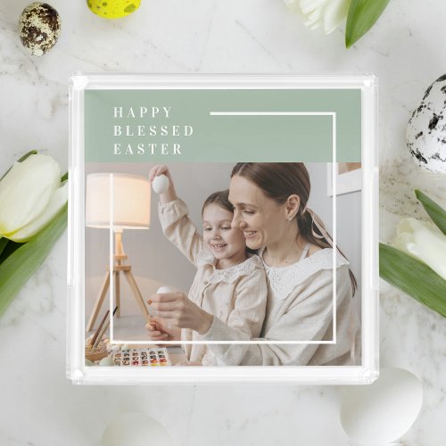 Trendy Family Photo  Green Happy Blessed Easter  Acrylic Tray
