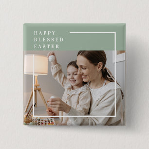 Trendy Family Photo Green Happy Blessed Easter Button