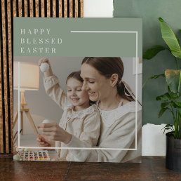 Trendy Family Photo | Green Happy Blessed Easter  Canvas Print
