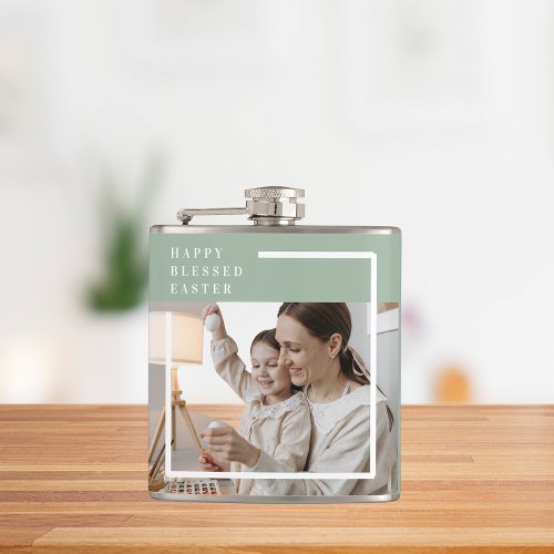 Trendy Family Photo  Green Happy Blessed Easter  Flask