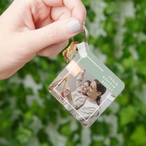Trendy Family Photo  Green Happy Blessed Easter  Keychain