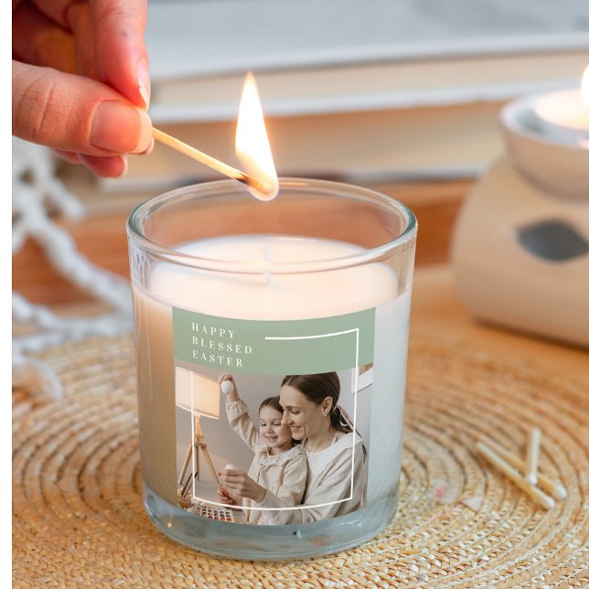 Trendy Family Photo | Green Happy Blessed Easter  Square Sticker (Creator Uploaded)