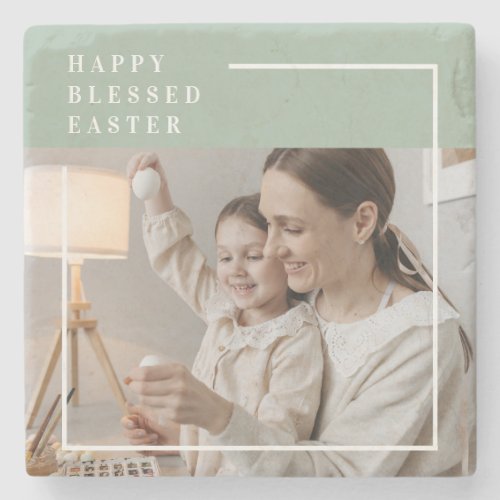 Trendy Family Photo  Green Happy Blessed Easter  Stone Coaster