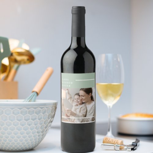 Trendy Family Photo  Green Happy Blessed Easter  Wine Label