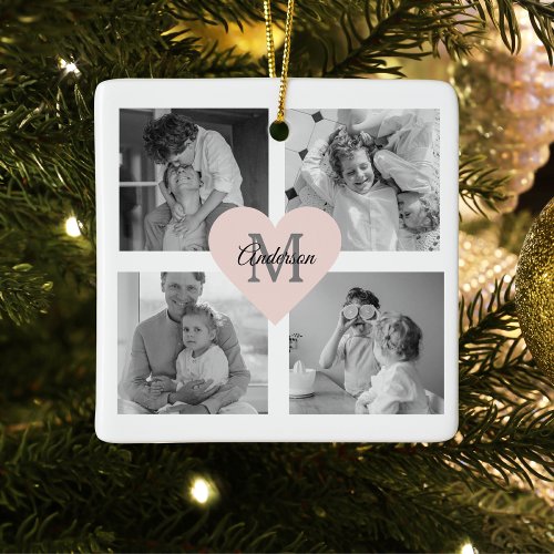 Trendy Family Photo Initial With Pink Heart Ceramic Ornament