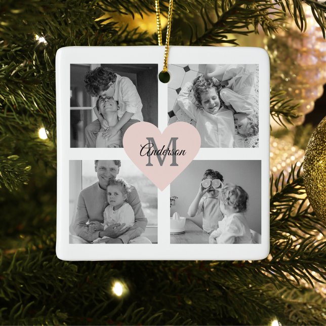 Trendy Family Photo Initial With Pink Heart Ceramic Ornament (Creator Uploaded)