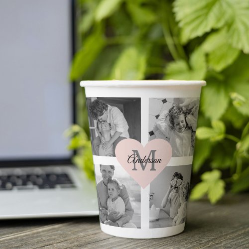 Trendy Family Photo Initial With Pink Heart Paper Cups