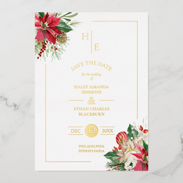 Trendy Fancy Initials Floral Christmas Bouquets Foil Invitation (Front)