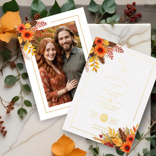 Trendy Fancy Initials Floral Fall Bouquets Foil Invitation