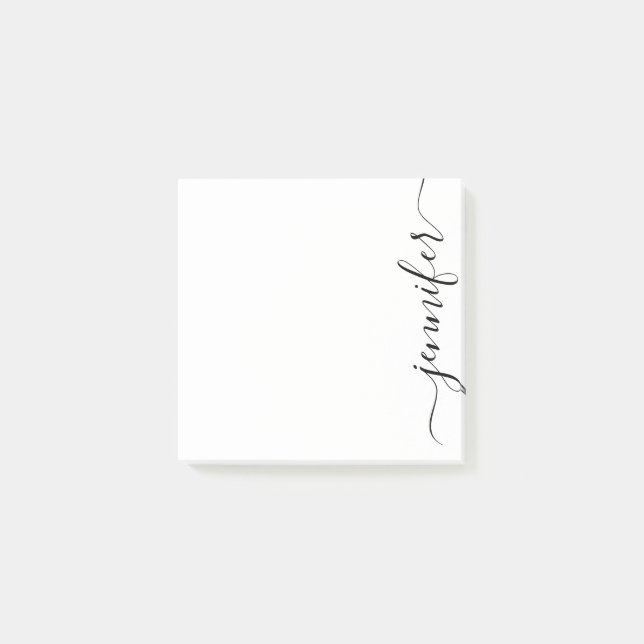 Trendy Fancy Script Name, Personalized Black White Post-it Notes (Front)