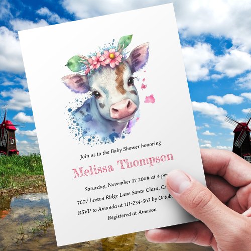 Trendy Farm Animal Cow Flowers Floral Baby Shower Invitation