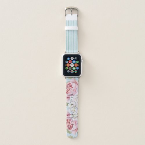 Trendy Farmhouse Pink Blue Green Floral Pattern Apple Watch Band