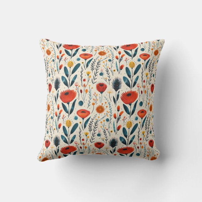 Trendy Farmhouse Stylish Girly Floral Green Red Throw Pillow (Back)