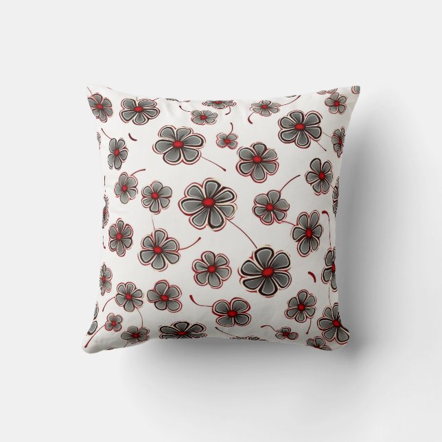 Trendy Farmhouse Stylish Girly Floral Red Grey Throw Pillow (Back)