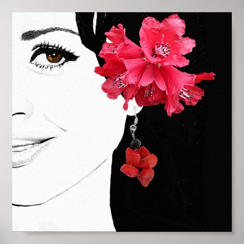 Trendy fashion illustration girl in coral earring  poster