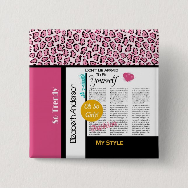 Trendy Fashion Newsprint Pink Leopard and Name Button (Front)