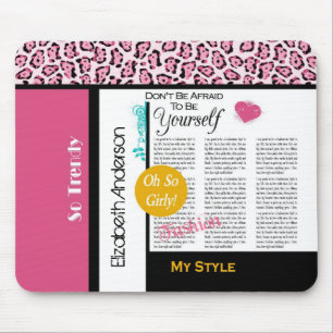 Trendy Fashion Newsprint Pink Leopard and Name Mouse Pad