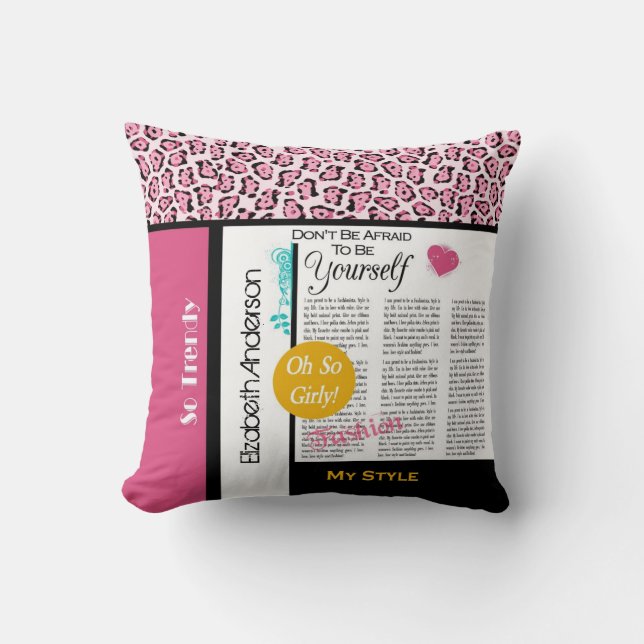 Trendy Fashion Newsprint Pink Leopard and Name Throw Pillow (Front)