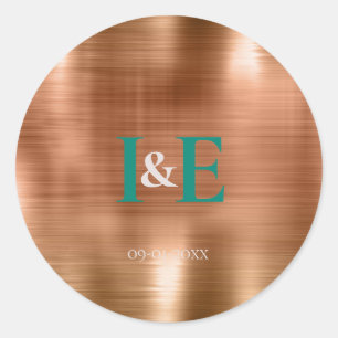 Trendy Faux Copper Foil Teal Text Wedding Classic Round Sticker