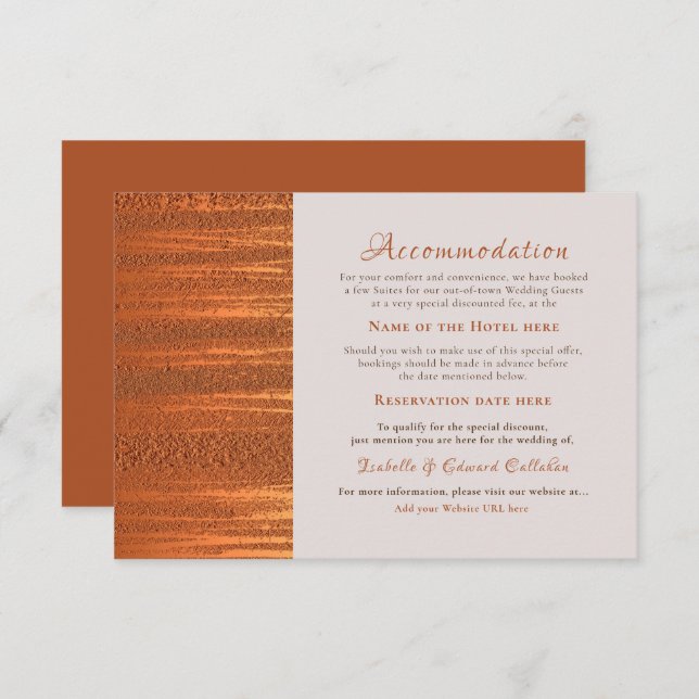 Trendy Faux Copper Metallic Foil Accommodation Enclosure Card (Front/Back)