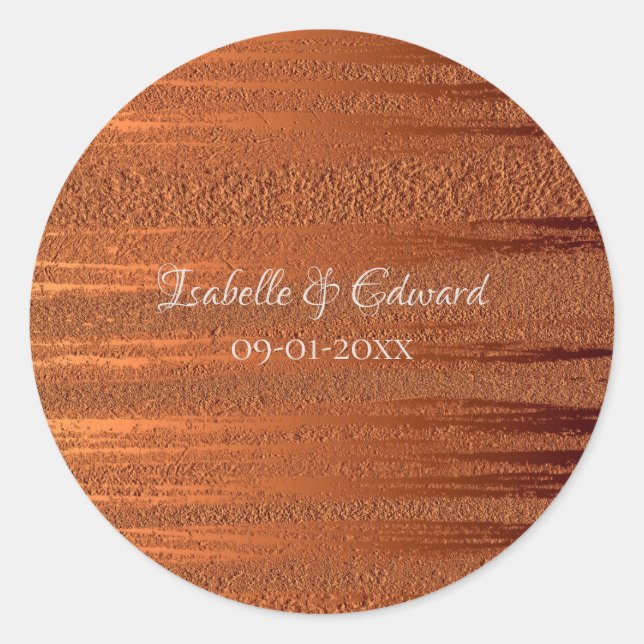 Trendy Faux Copper Metallic Foil Names Wedding  Classic Round Sticker (Front)